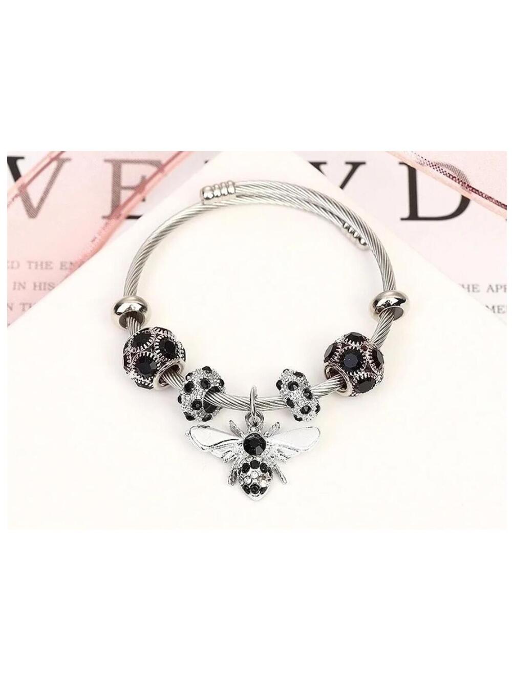 Black Bee charm - Bangle Bracelet - Titanium Steel- CZs